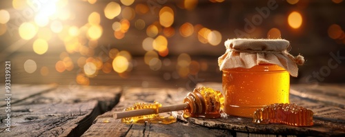 Jar of golden honey with a honey dipper on a rustic wooden table, representing natural sweetness. Free copy space for text.