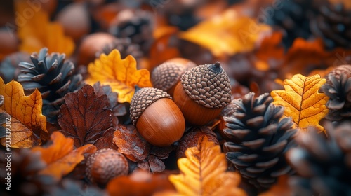 Close-up of acorns and pinecones scattered among vibrant autumn leaves on a forest floor