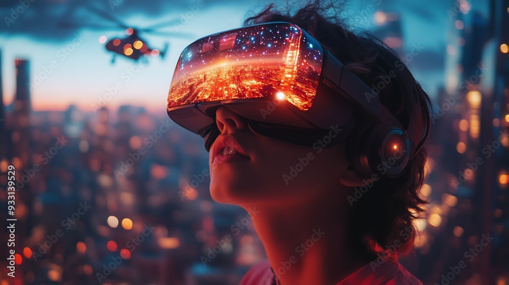 A person wearing virtual reality glasses admires a vibrant futuristic cityscape and a hovering helicopter as twilight descends. A person wearing virtual reality glasses admires a vibrant futuristic cityscape and a hovering helicopter as twilight descends.