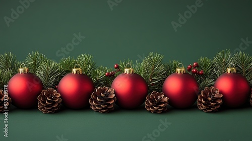 Row of Red Christmas Ball Decorations and Pine Cones on a Green Background