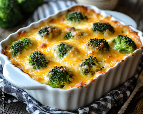 Close-up of a cheesy broccoli casserole in a white baking dish. photo