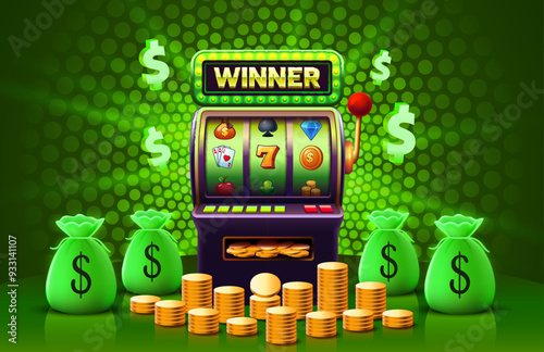 Winner slots machine casino, jackpot fortune, win banner. Vector illustration