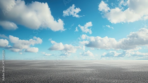 Empty Asphalt Road Against a Blue Sky with White Clouds, Horizontal Landscape, Road Horizon
