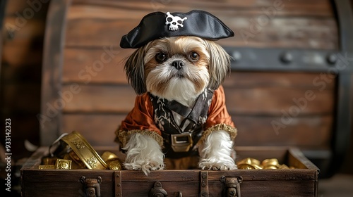 Shih Tzu Dressed as a Pirate Standing on a Treasure Chest with a Tiny Hat and Eye Patch Guarding the Bounty in a Playful and Humorous Costume photo