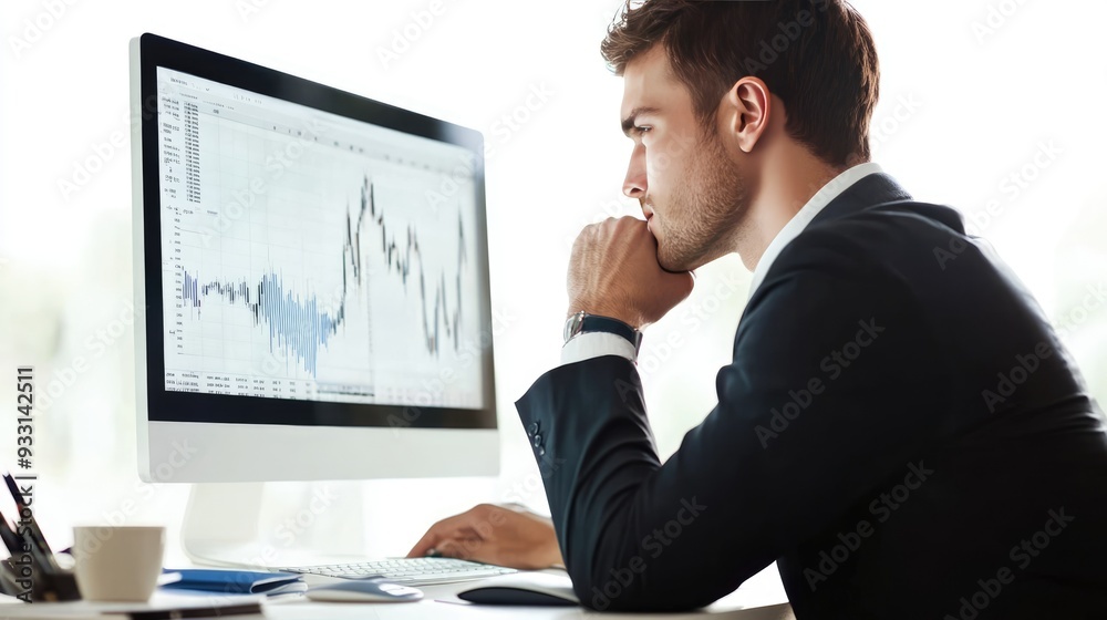 A businessman analyzing financial data on his computer screen, A businessman analyzing financial data on his computer screen,