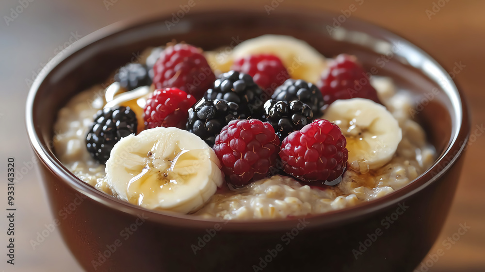 Delicious bowl of oatmeal topped with fresh fruit and honey. Delicious bowl of oatmeal topped with fresh fruit and honey.