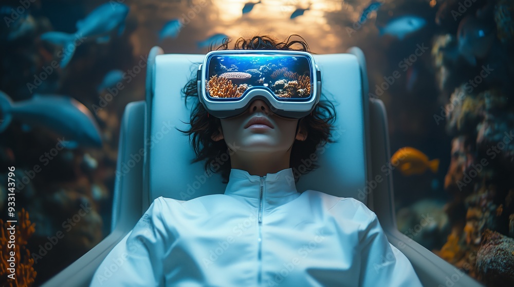 A person wearing virtual reality glasses immerses in a stunning underwater environment, surrounded by vibrant marine life. A person wearing virtual reality glasses immerses in a stunning underwater environment, surrounded by vibrant marine life.