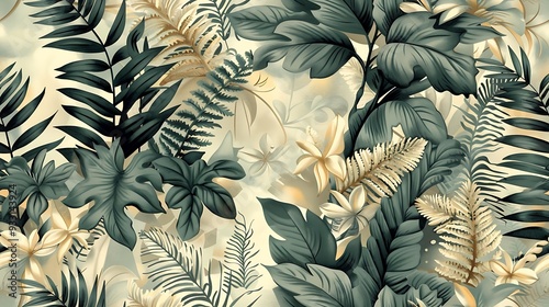 A continuous pattern of ferns and delicate leaves, designed for seamless wallpaper with a vintage botanical flair, deep green tones, intricate details, hand-drawn vintage style, natural light,
