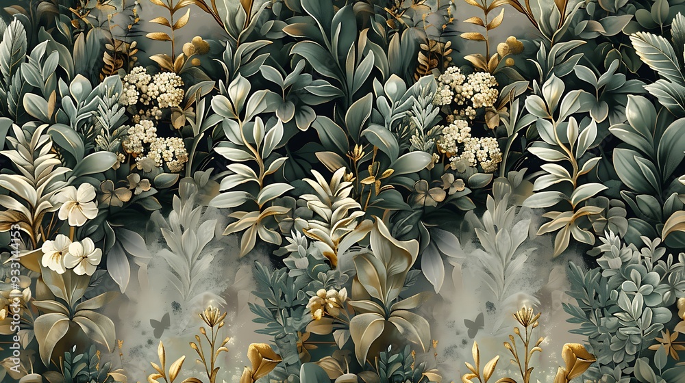 Obraz premium A continuous pattern of herb garden elements, including rosemary, sage, and thyme, designed for seamless wallpaper with a vintage rustic flair, deep green tones, intricate details,