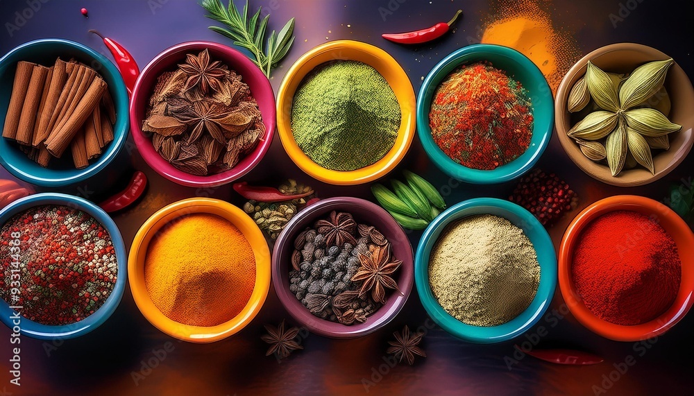A variety of spices and herbs in colorful bowls. A variety of spices and herbs in colorful bowls.
