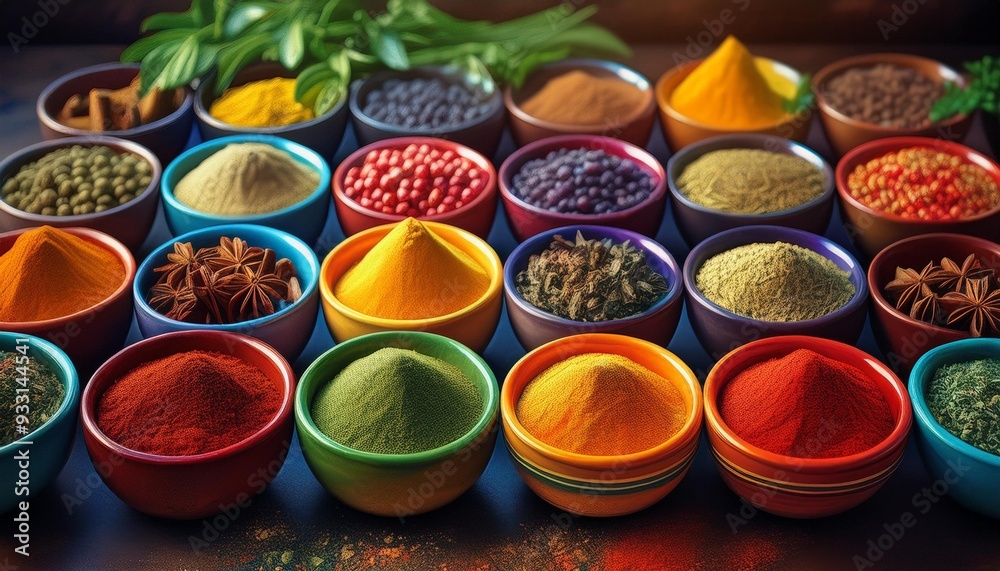 A variety of spices and herbs in colorful bowls. A variety of spices and herbs in colorful bowls.