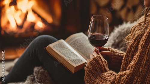 Woman Relaxing by Fireplace with Wine and Book, Enjoying Cozy Winter Evening