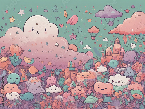 A cute poster filled with hand-drawn kawaii doodles like smiling clouds, stars, hearts, and tiny animals, all in soft pastel colors like pink, lavender, and mint green, set against a light background 