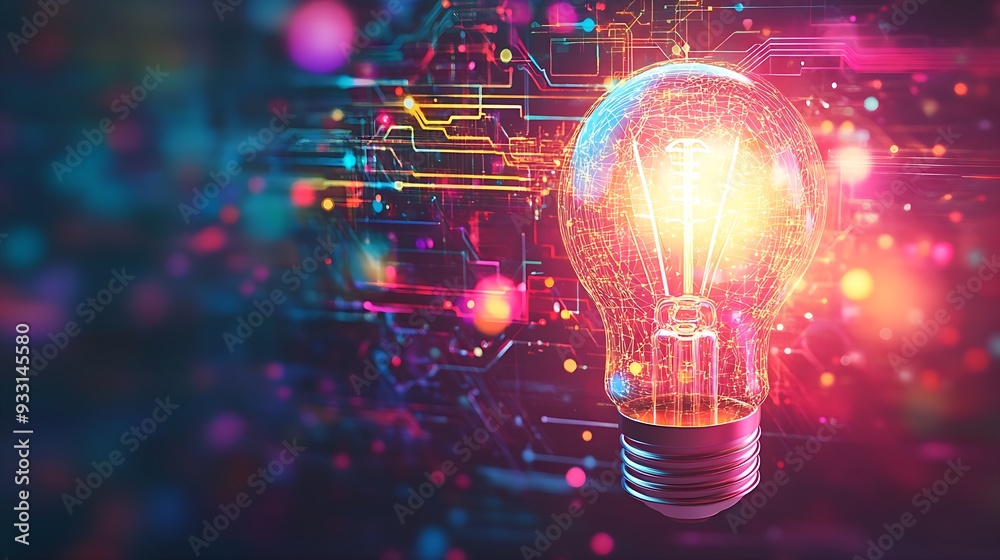 Fototapeta premium Conceptual Image of a Light Bulb Representing Innovative Breakthrough and Creative Thinking in Business - Digital Art with Circuit Board Elements and Colorful Light Explosion