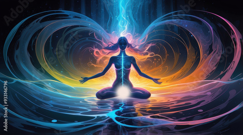 woman sits in a meditative pose surrounded by vibrant energy waves, with light flowing through their body, symbolizing a state of spiritual awakening