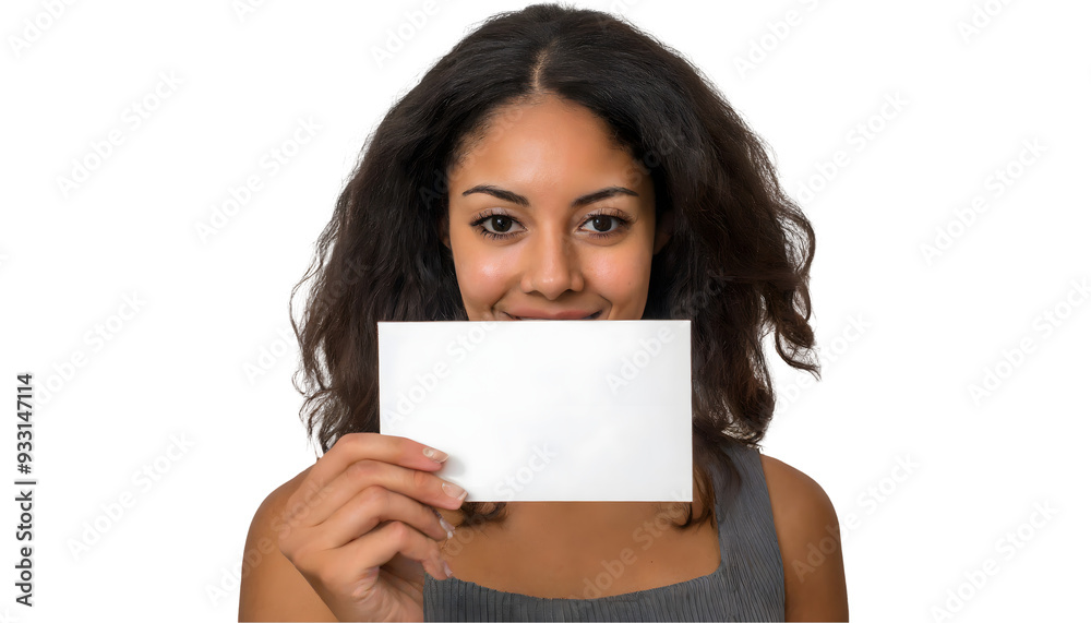 Female hand holding white blank card on a white isolated background. Generative AI. Female hand holding white blank card on a white isolated background. Generative AI.