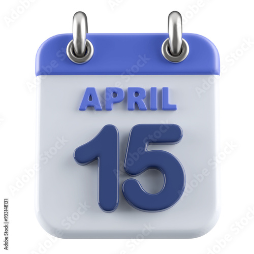 15th April Calendar Icon 3D Render