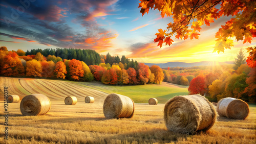 Photo Realistic as Autumn field with hay bales concept as A picturesque autumn field with hay bales under a clear sky capturing the essence of Thanksgiving perfect for business presentations needing a