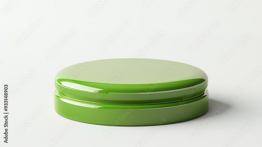 white wall with a circular mirror and three green and white cylindrical platforms white wall with a circular mirror and three green and white cylindrical platforms