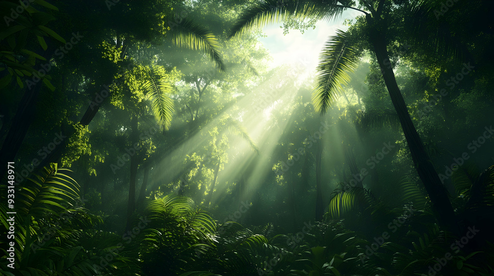 Dark rainforest, sun rays through the trees, rich jungle greenery. Atmospheric fantasy forest. 3D illustration. Dark rainforest, sun rays through the trees, rich jungle greenery. Atmospheric fantasy forest. 3D illustration.