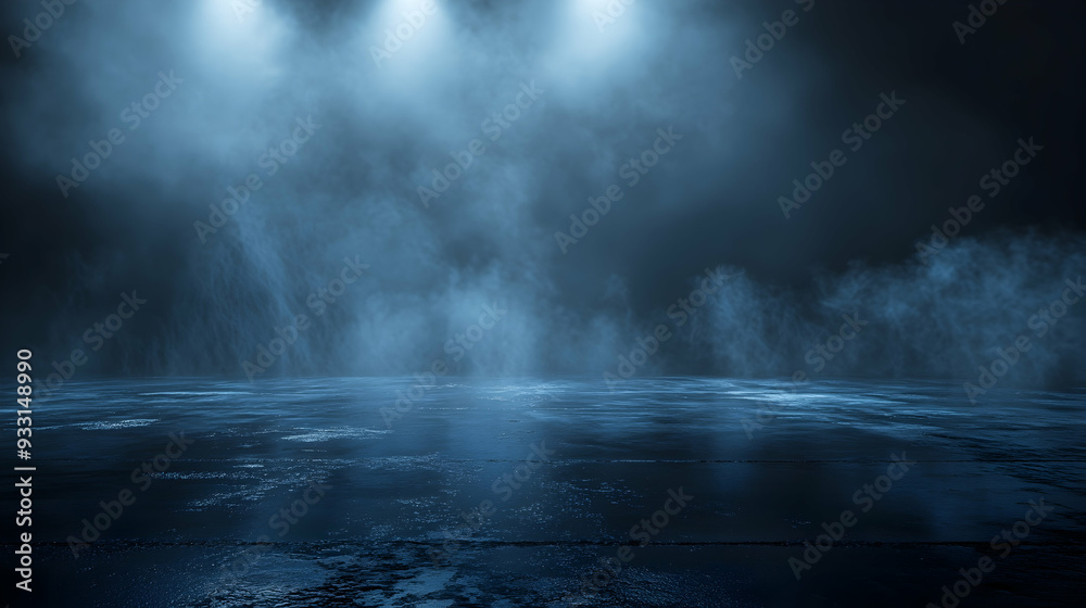 Dark street, wet asphalt, reflections of rays in the water. Abstract dark blue background, smoke, smog. Empty dark scene, neon light, spotlights. Concrete floor Dark street, wet asphalt, reflections of rays in the water. Abstract dark blue background, smoke, smog. Empty dark scene, neon light, spotlights. Concrete floor