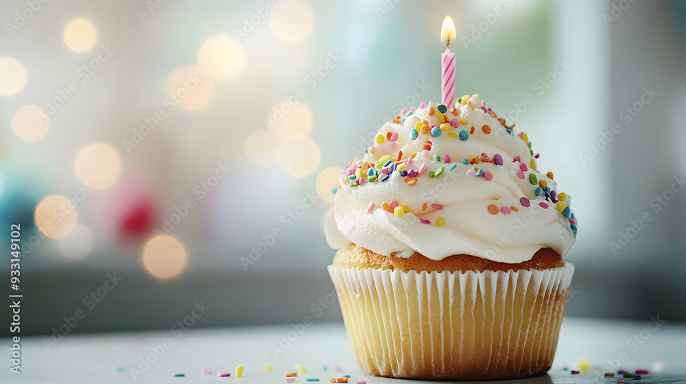 Delicious birthday cupcake on table on light background Delicious birthday cupcake on table on light background