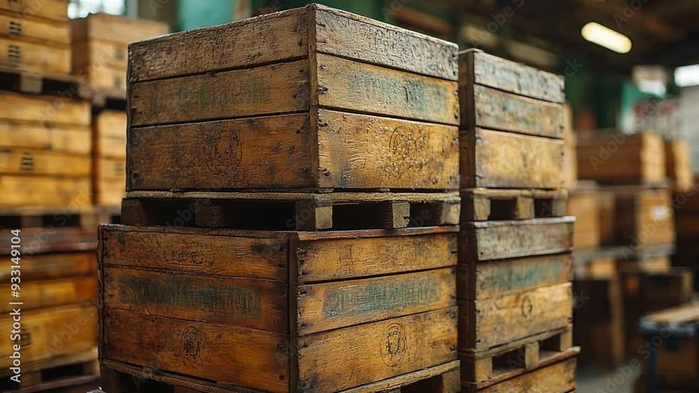 The Wooden crates are stacked in an industrial setting, showcasing rustic aesthetic. The Wooden crates are stacked in an industrial setting, showcasing rustic aesthetic.