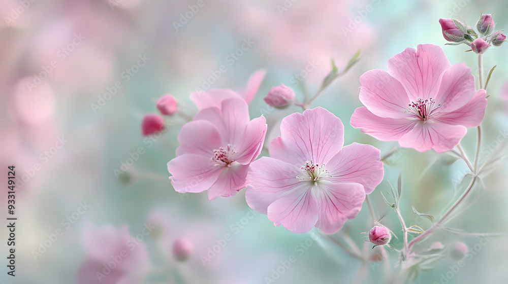 Delicate pink flowers in full bloom, with soft pastel hues, are captured against a dreamy, ethereal background, evoking a sense of calm and serenity.