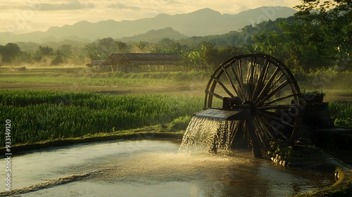 A traditional bamboo water wheel irrigation system watering crops in a lush rural farmland landscape  The eco friendly sustainable technology is part of the cultural heritage of the region