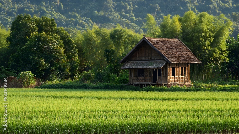A traditional farmhouse made of wood or bamboo nestled amidst lush fertile fields of crops ready for the upcoming harvest season A traditional farmhouse made of wood or bamboo nestled amidst lush fertile fields of crops ready for the upcoming harvest season