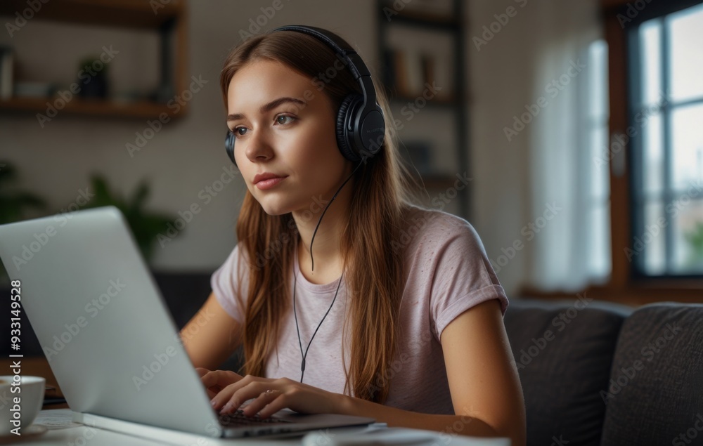Busy young Indian woman wearing headphones working on laptop, looking at screen, making video call, engaged in conference, focused student listening to lecture, learning language online Busy young Indian woman wearing headphones working on laptop, looking at screen, making video call, engaged in conference, focused student listening to lecture, learning language online