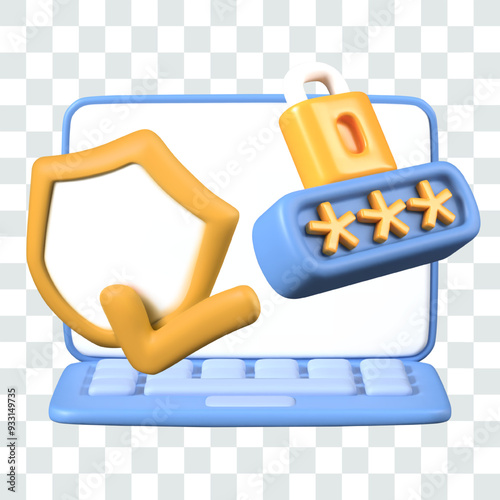 Laptop with blank screen, shield with check mark, lock with encrypted password