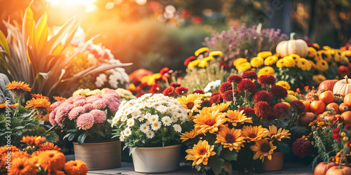 Photo Realistic as Autumn garden with a variety of colorful flowers concept as A vibrant autumn garden filled with a variety of colorful flowers capturing the essence of Thanksgiving perfect for busin