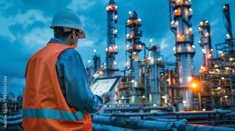 Engineer holding a smartphone Manage the construction of an oil refinery in the petrochemical industry. Engineer holding a smartphone Manage the construction of an oil refinery in the petrochemical industry.