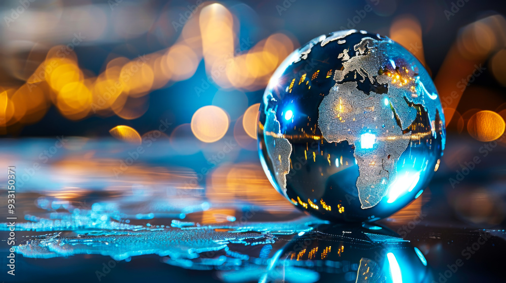 A globe with a blue and yellow background. The globe is the main focus of the image. A globe with a blue and yellow background. The globe is the main focus of the image.