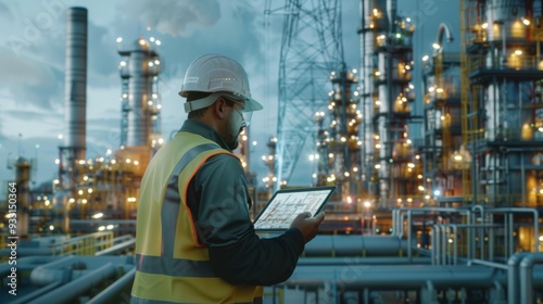 Engineer holding a smartphone Manage the construction of an oil refinery in the petrochemical industry.