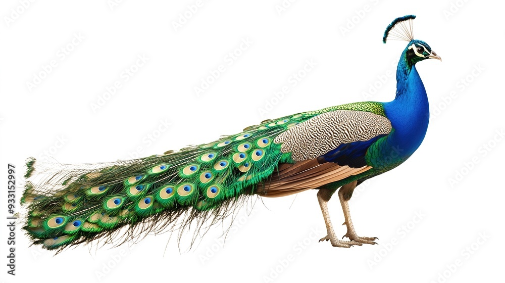 Fototapeta premium Side Profile of a Peacock with Fully Open Feathers: Complete View of a Peacock Displaying its Magnificent Plumage in Full Splendor. 