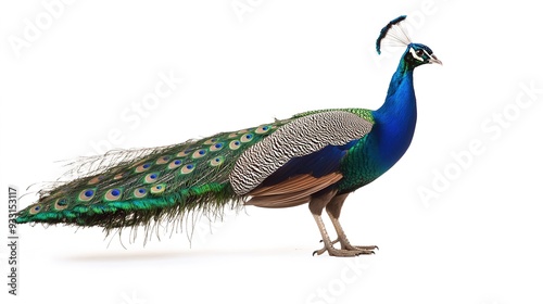 Side Profile of a Peacock with Fully Open Feathers: Complete View of a Peacock Displaying its Magnificent Plumage in Full Splendor. 