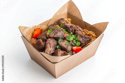 wok Paper box with noodles with beef isolated