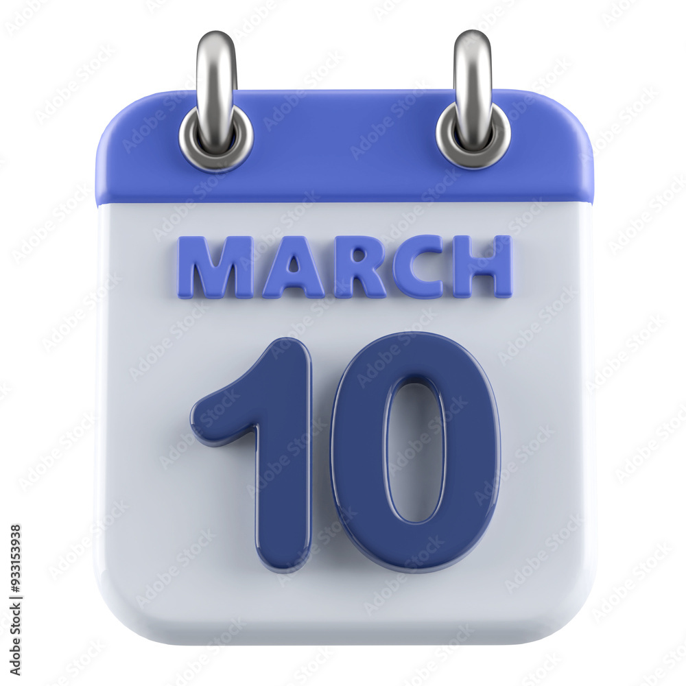 10th March Calendar Icon 3D Render 10th March Calendar Icon 3D Render