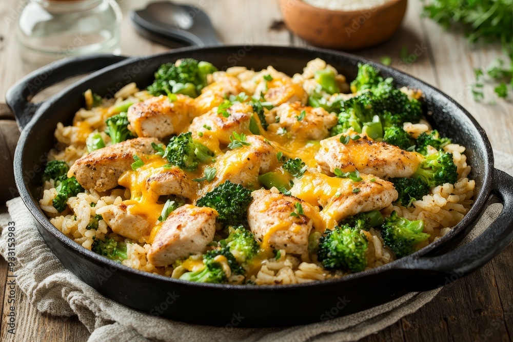 Chicken broccoli and rice stir-fry cooking in a black pan close-up Chicken broccoli and rice stir-fry cooking in a black pan close-up