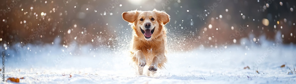 Happy Golden Retriever Running Through Snowy Field on a Sunny Winter Day