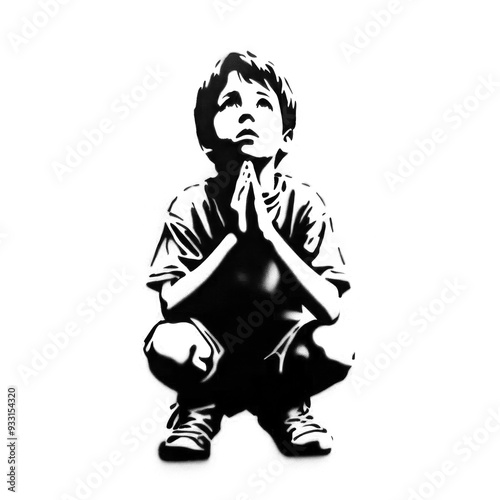 praying boy in stencil-art style,black and white, generative ai