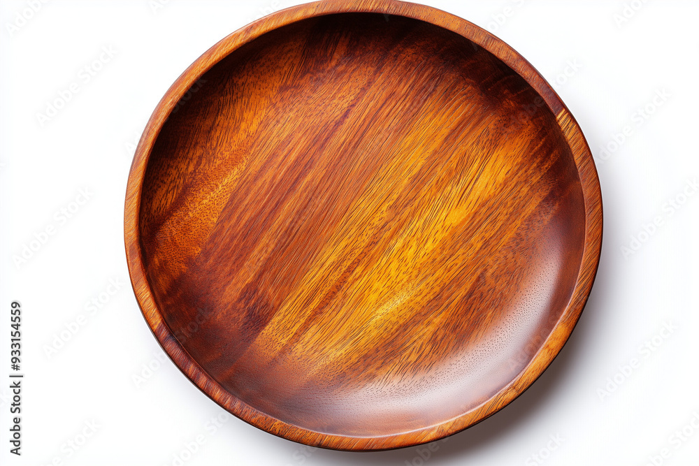 A wooden plate with a brown border sits on a white background A wooden plate with a brown border sits on a white background