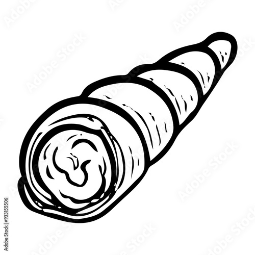 Cream tube hand drawn doodle. Baked puff pastry with filling. Sweet biscuit dessert food. Confectionery sugar pastry. Bakery product. Vector outline line art illustration.