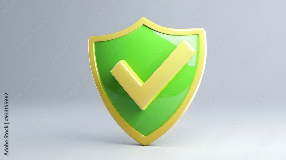 cartoon 3d Icon safety shield green check mark perspective . yellow symbol security safety icon. Green Checkmark in minimalistic style. 3d vector illustration. white background cartoon 3d Icon safety shield green check mark perspective . yellow symbol security safety icon. Green Checkmark in minimalistic style. 3d vector illustration. white background