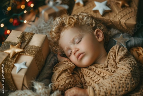 Cozy and warm delicate boy enjoys comforting undisturbed rest. Cherubic blond boy repose embodying essence of tranquility. Young innocent soul enveloped serenity of untroubled dreams.