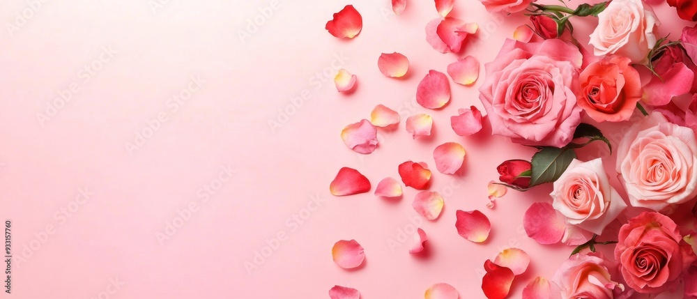 Pink and Red Roses and Petals on a Pink Background Pink and Red Roses and Petals on a Pink Background