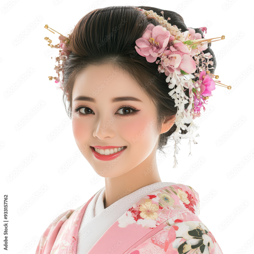 Fototapeta premium Portrait of a Young Japanese Woman in Traditional Clothing with Flowers in Hair