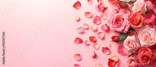 Pink and Red Roses and Petals on a Pink Background